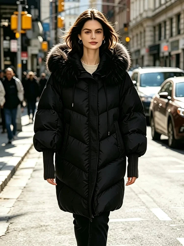Women's winter quilted jacket with faux fur hood, khaki beige