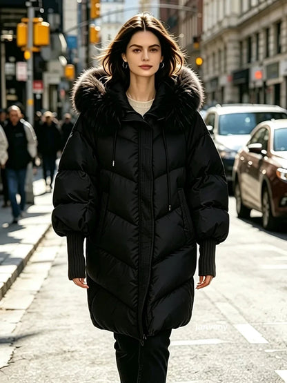 Women's winter quilted jacket with faux fur hood, khaki beige