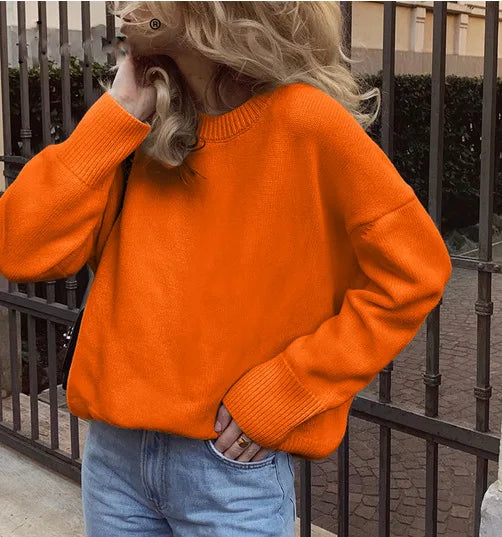 Women's oversized knit sweater, crew neck, loose fit