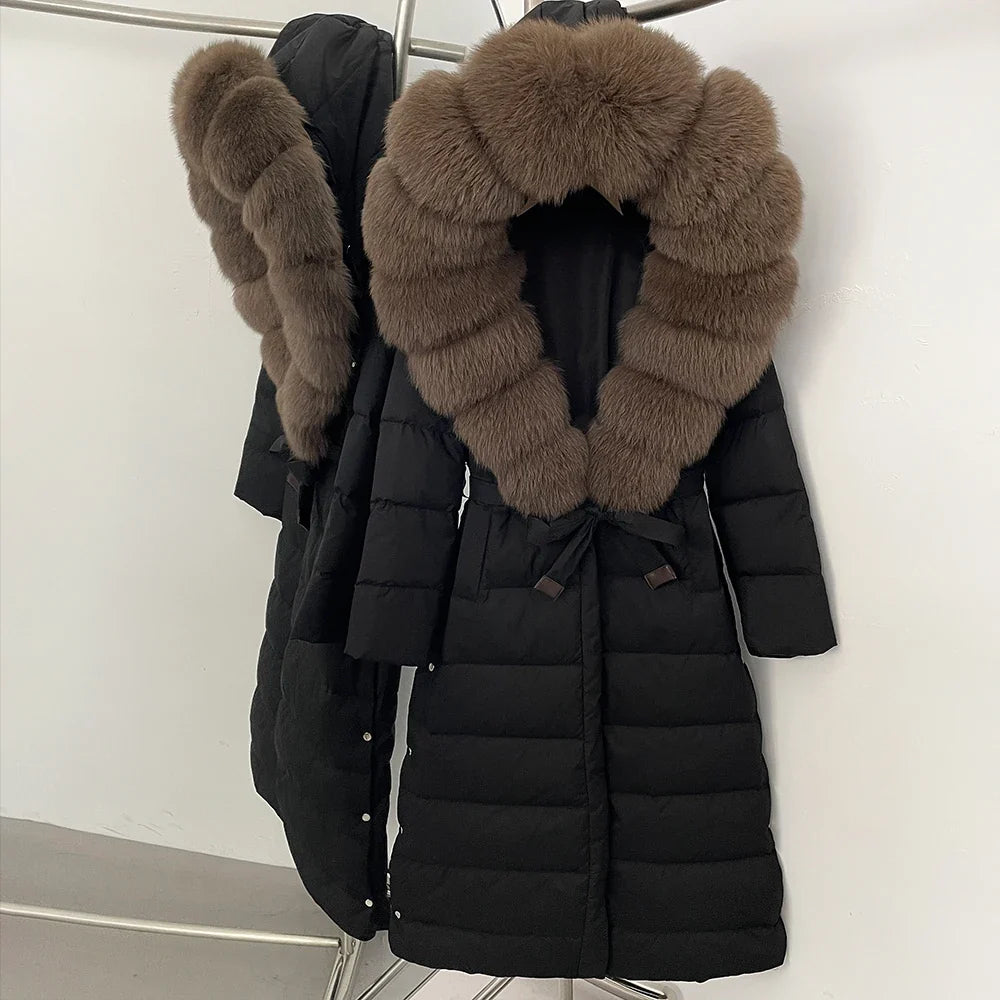 Damen Winter Steppmantel Lang mit Kunstfellkragen Bindegürtel