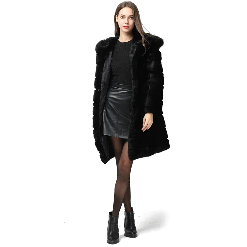Damen Mantel mit Kapuze, Schwarz, aus weichem Material
