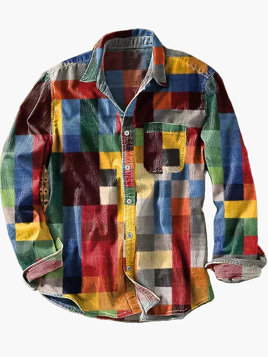 Men's Patchwork Casual Shirt – Modern Artistic Long-Sleeve Shirt for Everyday and Leisure