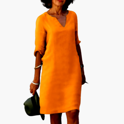 Damen Freizeitkleid mit V-Ausschnitt und 3/4-Ärmeln – Elegantes Alltagskleid für Büro und Freizeit