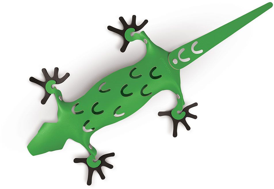 Groene magnetische hagedis van kunststof met donkere pootjes en uitgesneden details, gezien van boven