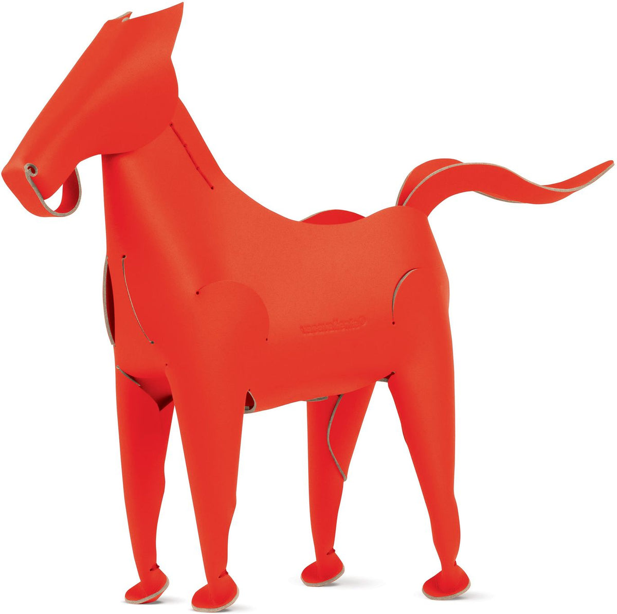 Rode bureau-organizer in de vorm van een paard met staande poten en een golvende staart