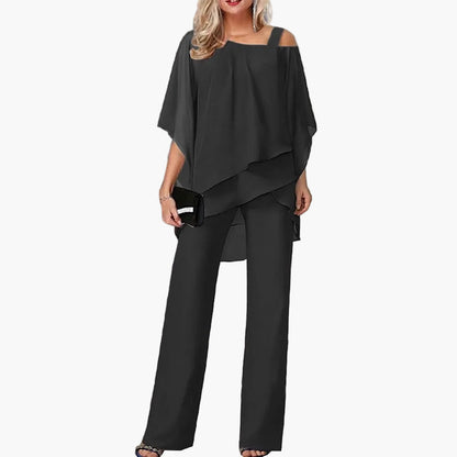 Women's Elegant Two-Piece with Cold-Shoulder Top – Fashionable Trouser Suit for Celebrations, Work, and Gatherings