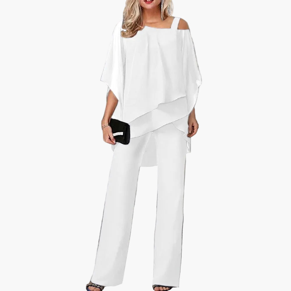 Women's Elegant Two-Piece with Cold-Shoulder Top – Fashionable Trouser Suit for Celebrations, Work, and Gatherings