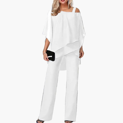 Women's Elegant Two-Piece with Cold-Shoulder Top – Fashionable Trouser Suit for Celebrations, Work, and Gatherings