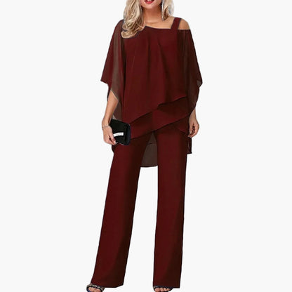 Women's Elegant Two-Piece with Cold-Shoulder Top – Fashionable Trouser Suit for Celebrations, Work, and Gatherings