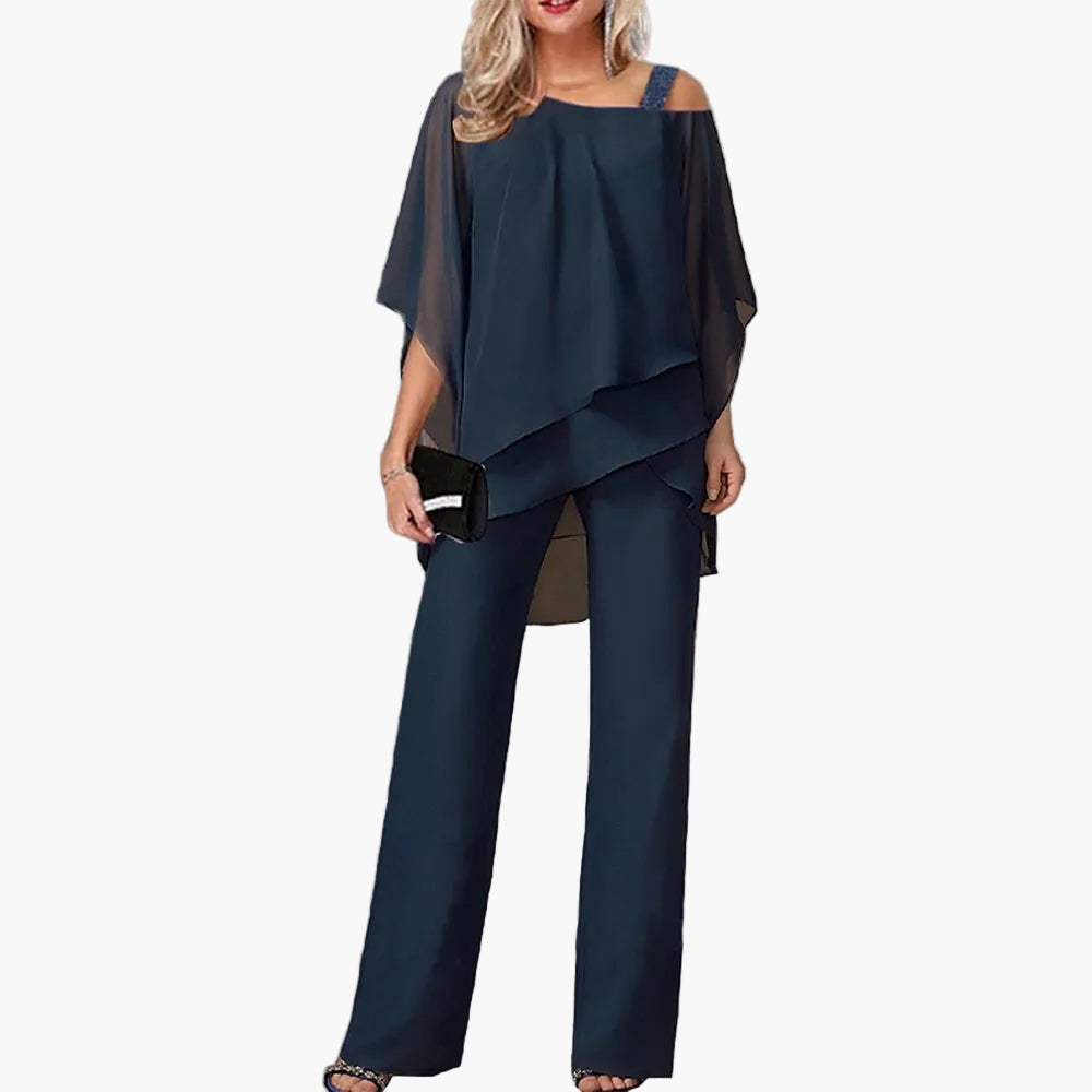 Women's Elegant Two-Piece with Cold-Shoulder Top – Fashionable Trouser Suit for Celebrations, Work, and Gatherings