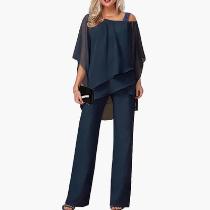 Women's Elegant Two-Piece with Cold-Shoulder Top – Fashionable Trouser Suit for Celebrations, Work, and Gatherings