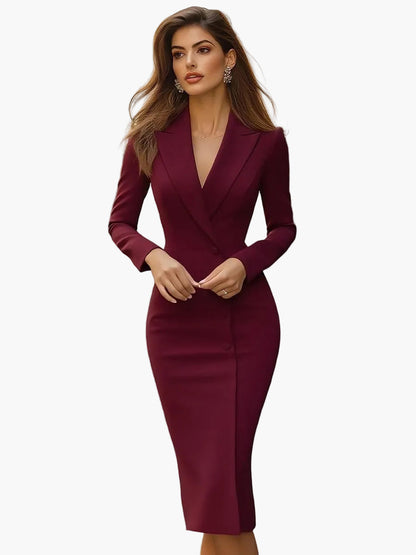 Women's Business Sheath Dress Elegant with Notched Collar and Button Details – Knee-Length, Figure-Hugging, For Office & Evening