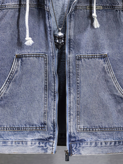 Men's denim vest with hood, sleeveless, with zipper and pockets