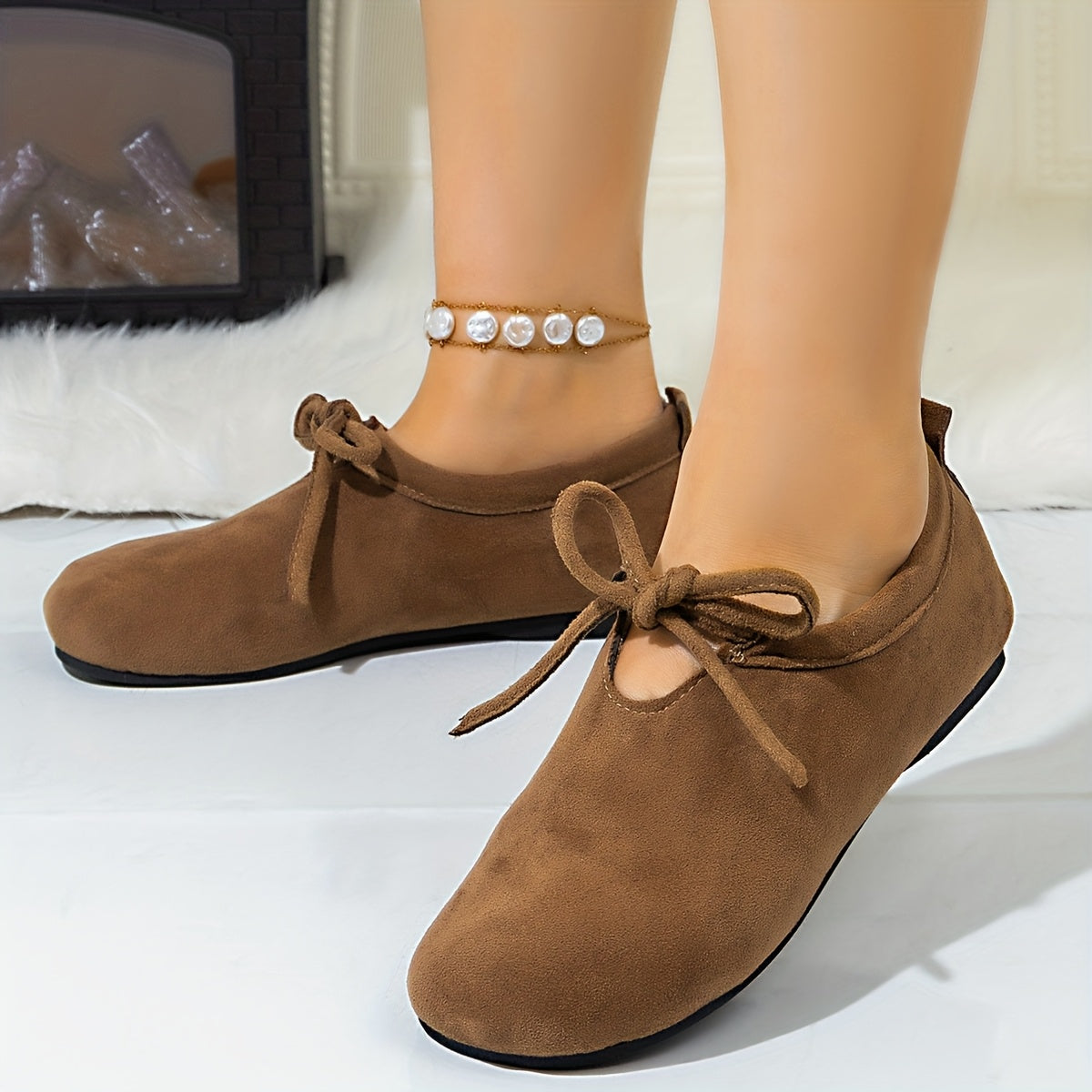 Women's slip-on shoes, bow design, warm-lined casual shoes