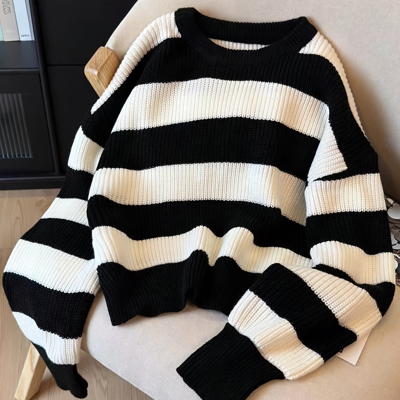 Women's knitted sweater, black and white striped, crew neck, loose fit