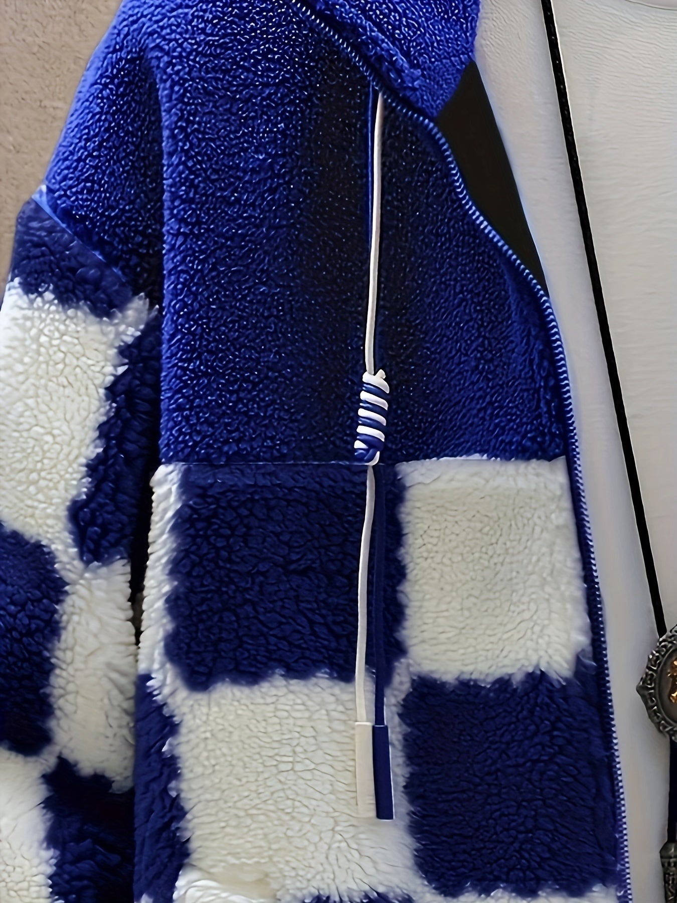 Unisex Fleecejacke mit Schachbrettmuster Reißverschluss Stehkragen