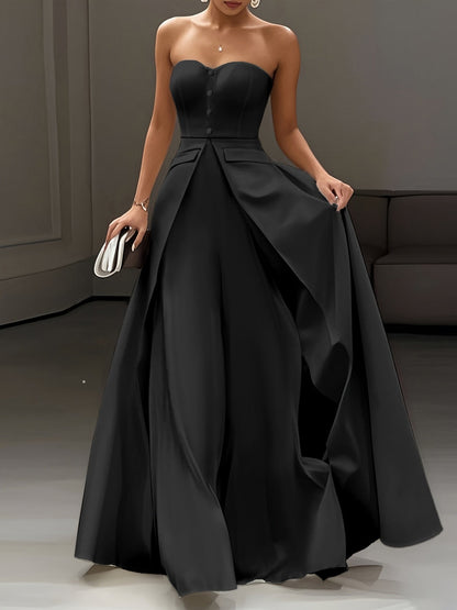 Women's Elegant Evening Dress with Bandeau Top and Button Placket – Perfect for Festive Occasions