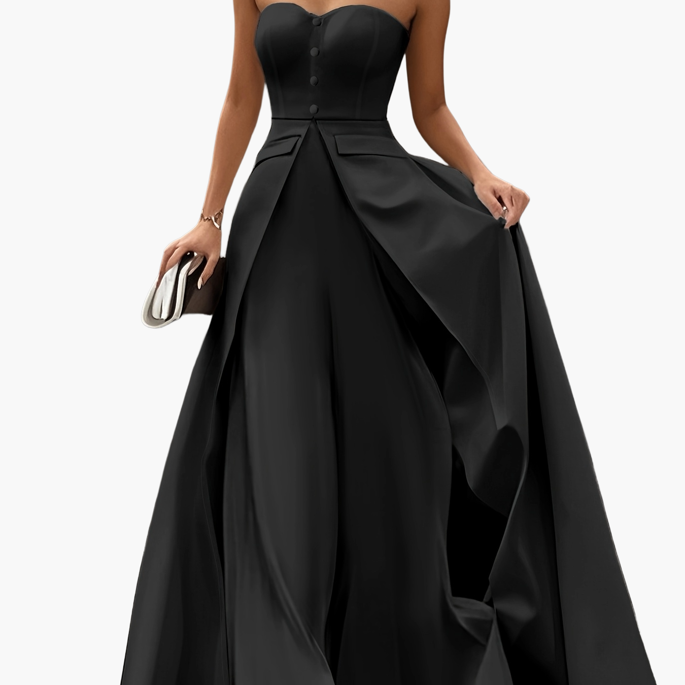 Women's Elegant Evening Dress with Bandeau Top and Button Placket – Perfect for Festive Occasions
