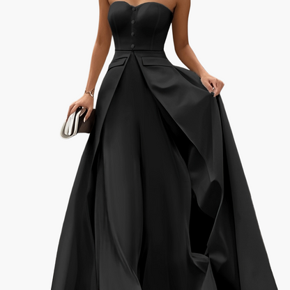 Women's Elegant Evening Dress with Bandeau Top and Button Placket – Perfect for Festive Occasions