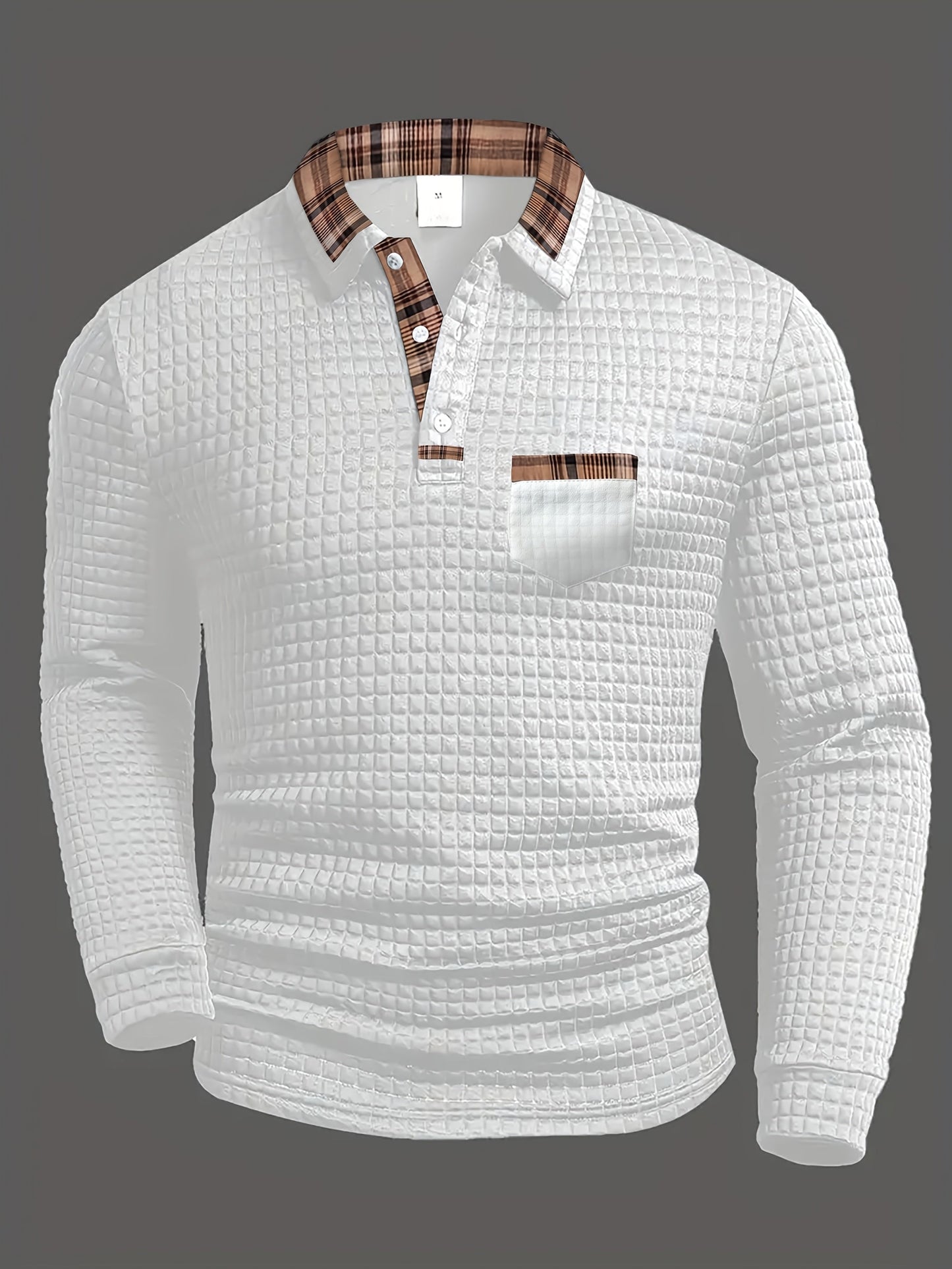 Men's long-sleeve polo shirt with waffle texture and checked pattern