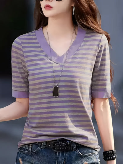 Damen Modernes Streifen T-Shirt mit V-Ausschnitt – Lässiger Alltagsstil