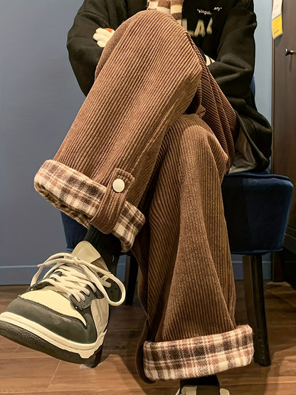 Corduroy trousers with a checked cuff – Wide fit, unisex