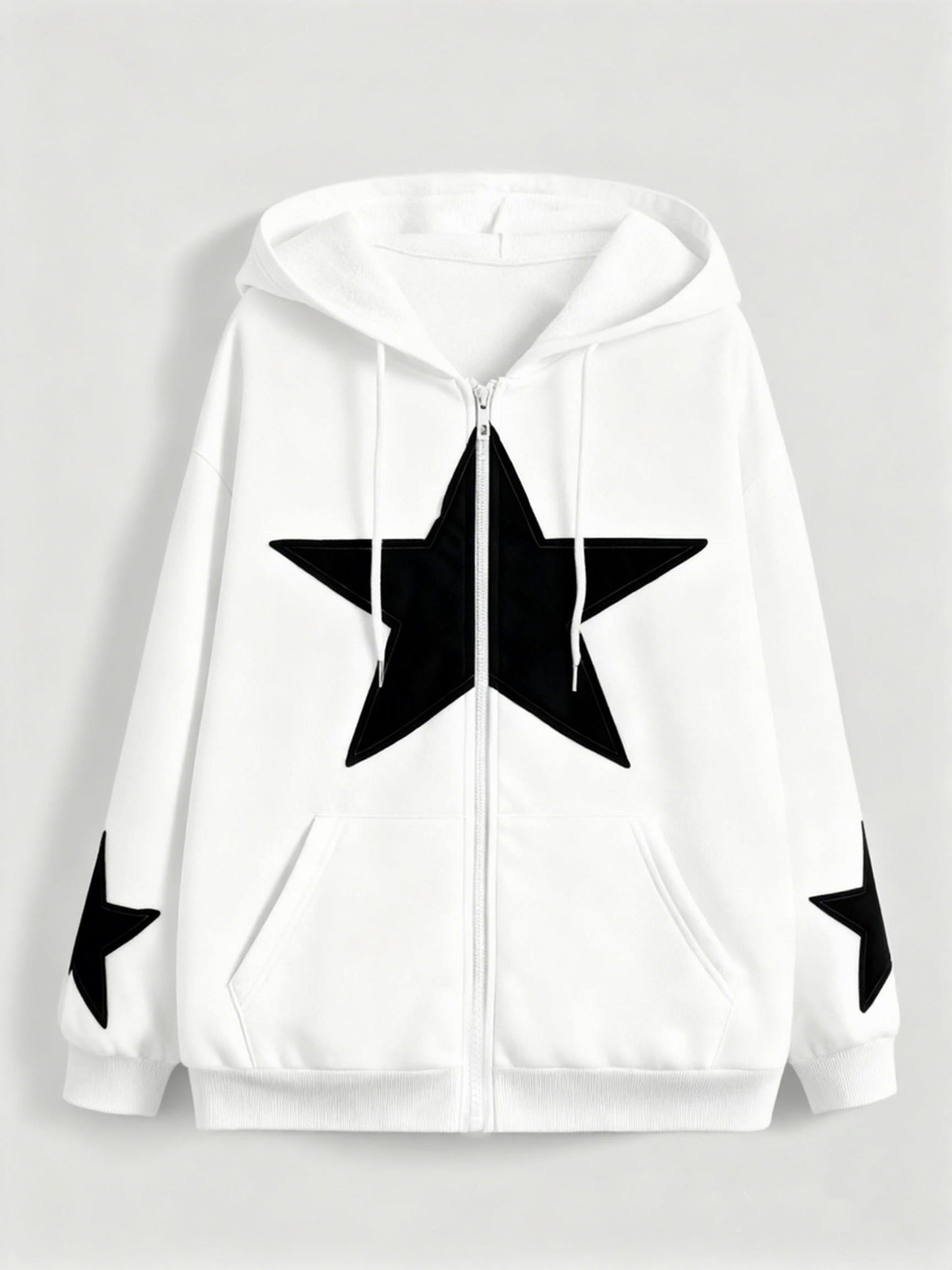 Unisex Kapuzenjacke mit Reißverschluss, Oversize, Stern-Applikationen, Kordelzug, Kängurutaschen