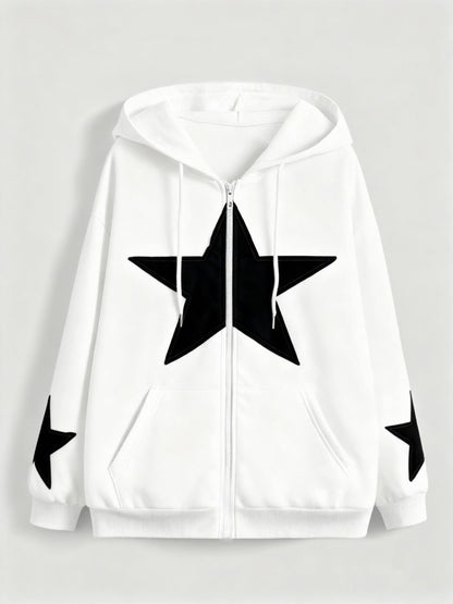 Unisex Kapuzenjacke mit Reißverschluss, Oversize, Stern-Applikationen, Kordelzug, Kängurutaschen