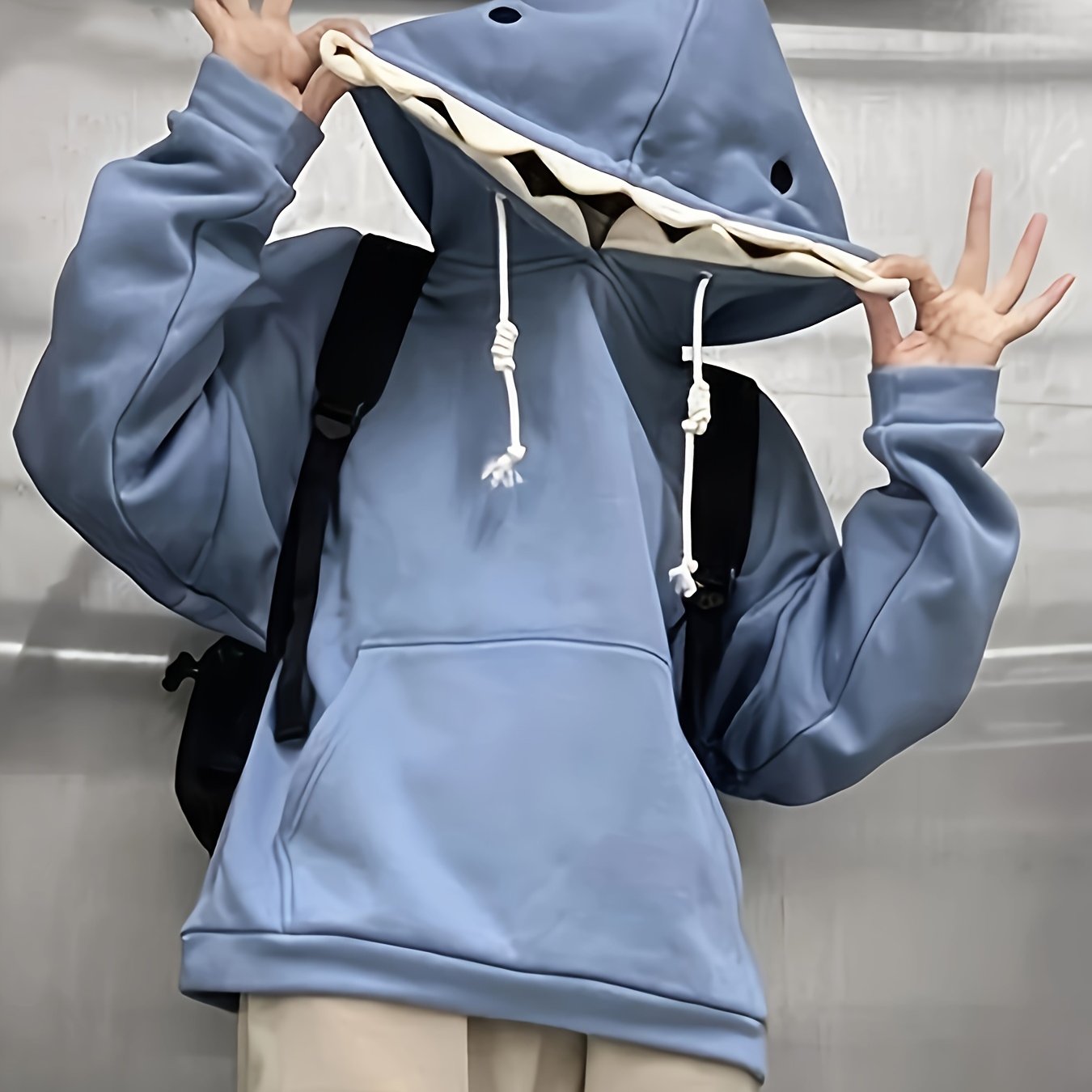 Light blue shark hoodie with hood and kangaroo pocket