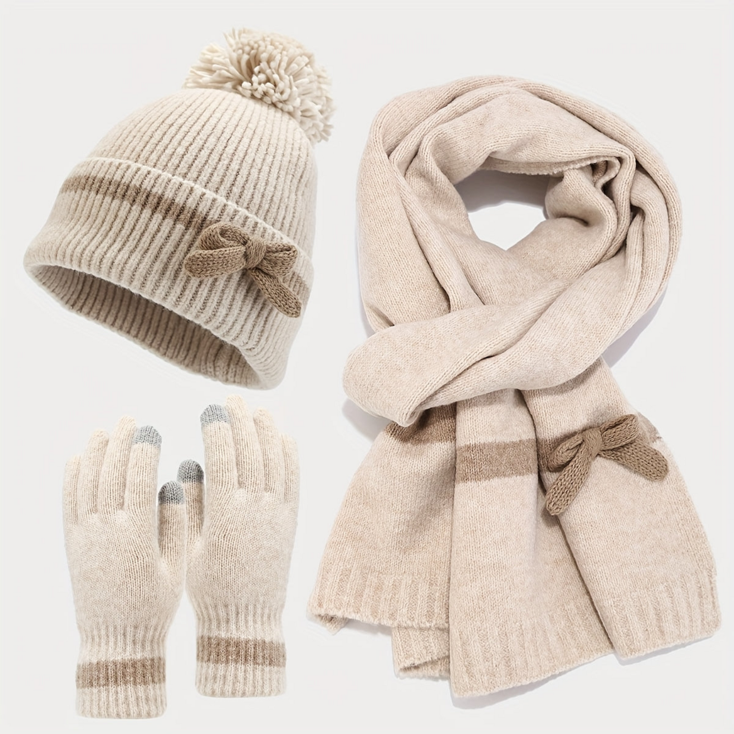 Winterset 3-teilig mit Mütze, Schal und Handschuhen, gestrickt mit Schleifchen-Detail