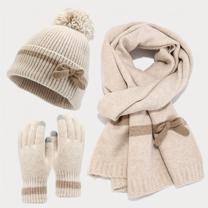 Winterset 3-teilig mit Mütze, Schal und Handschuhen, gestrickt mit Schleifchen-Detail