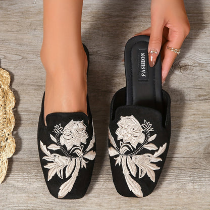 Women's Embroidered Slip-On Sandals – Fashionable Casual Shoes with Floral Pattern