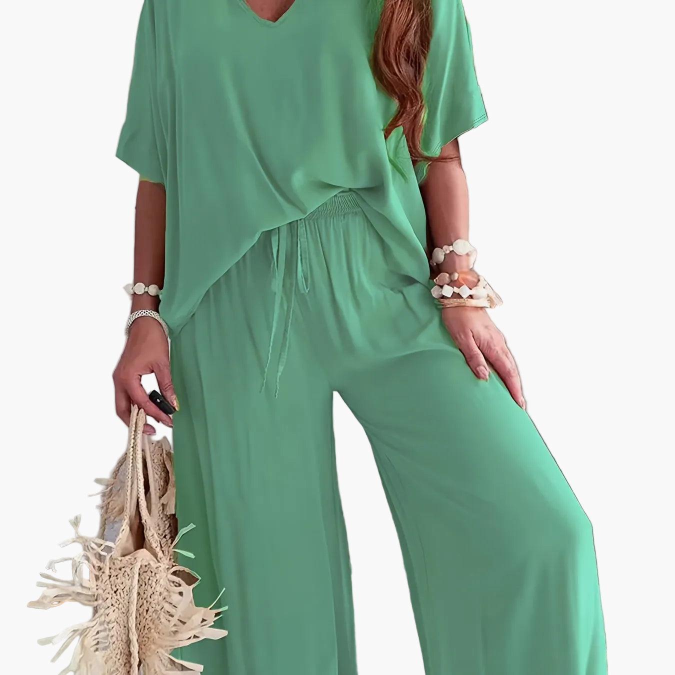 Women's Loose Lounge Pants & V-Neck Blouse Set – Elegant Casual Outfit for Everyday and Vacation