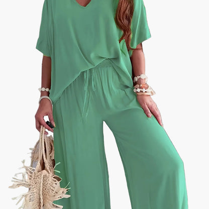 Women's Loose Lounge Pants & V-Neck Blouse Set – Elegant Casual Outfit for Everyday and Vacation