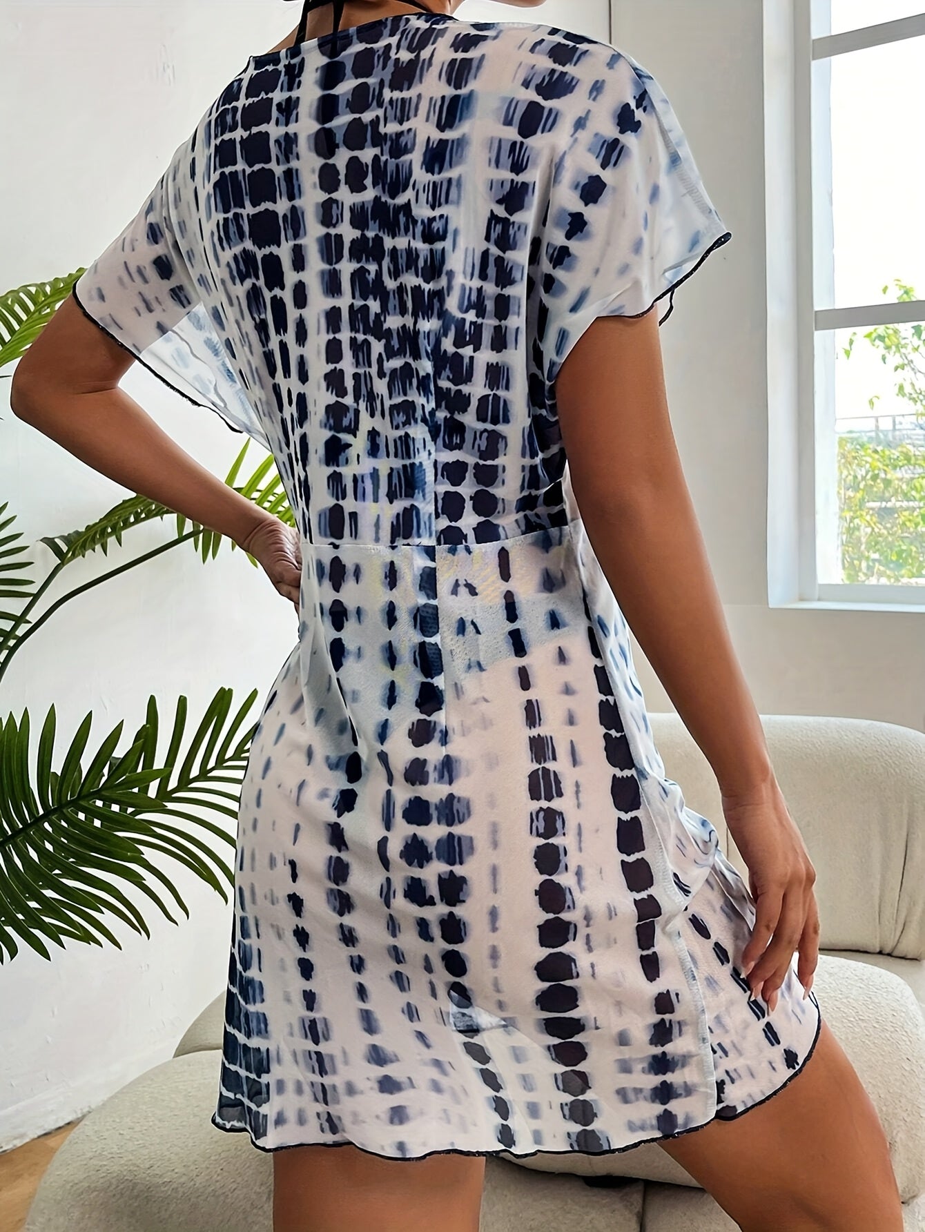 Women's Wrap Dress Beach Cover-Up in Modern Tie-Dye Style – Elegant Summer Dress for Vacation, Beach, and Pool