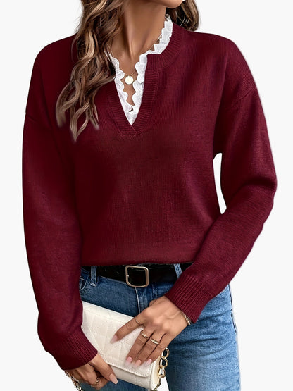 Women's Elegant Knit Sweater with Lace Trim and V-Neck – Ideal for Everyday and Office