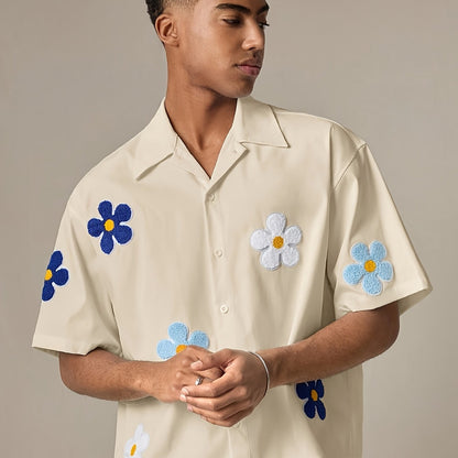 Herren Freizeit Kurzarm-Hemd mit Blumenapplikationen und Camp-Kragen – Modernes Sommer-Design