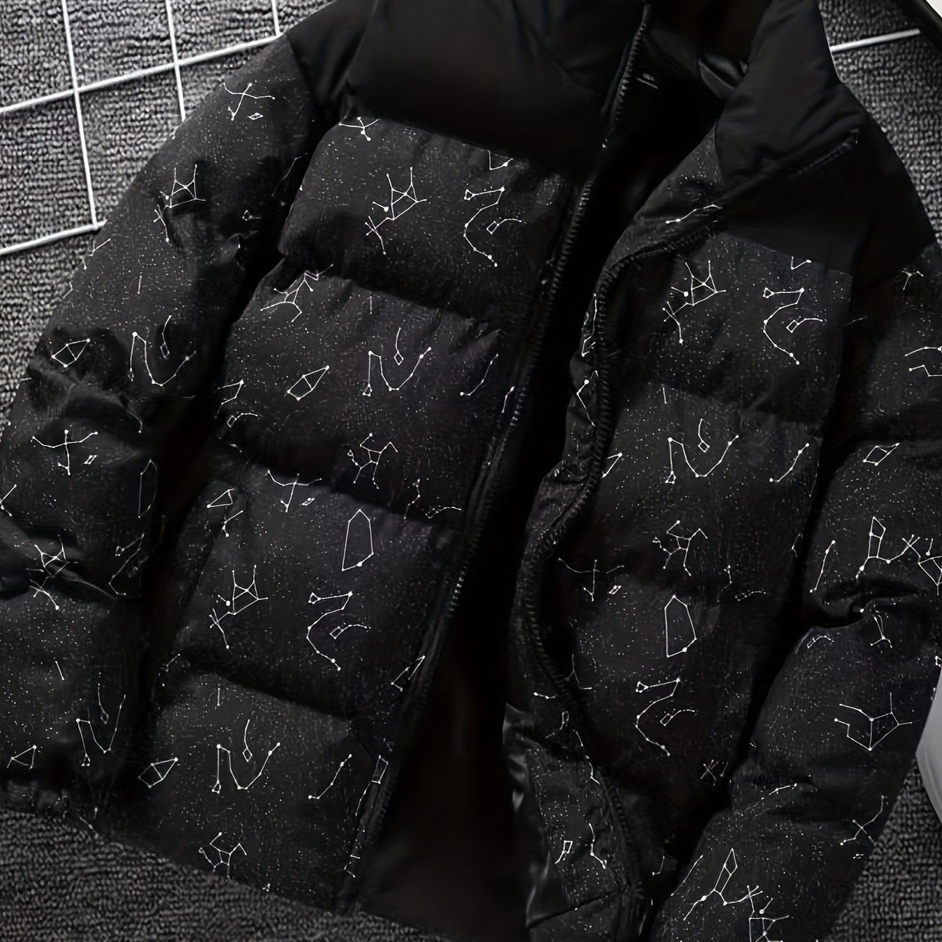 Padded jacket with constellation print, zipper, and stand-up collar
