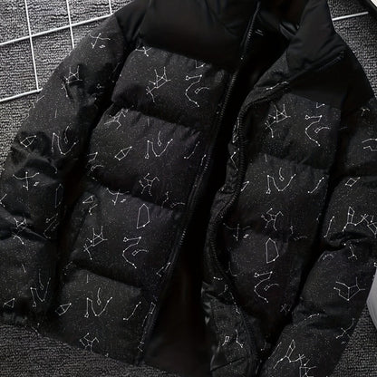 Padded jacket with constellation print, zipper, and stand-up collar