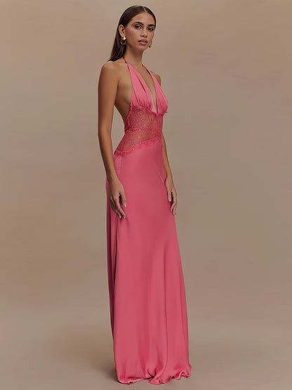 Women's Elegant Fit & Flare Evening Dress with Lace and Deep V-Neck, Floor-Length for Special Occasions