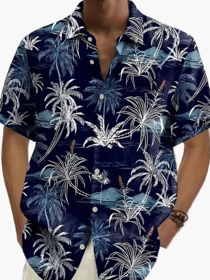 Men's Casual Shirt with Tropical Palm Pattern – Short Sleeve, Summer, Beach, Button-Down