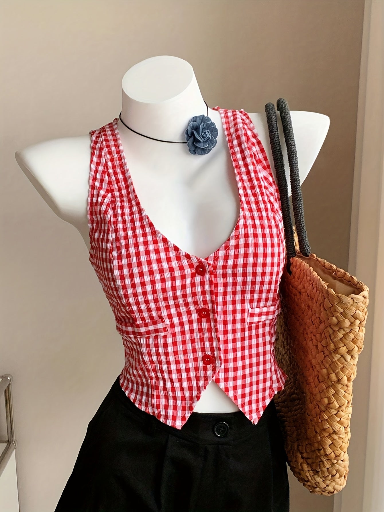 Women's Elegant Checked Vest in Vintage Style for Spring and Summer – Sleeveless, Short, Ideal for Everyday and Leisure Wear