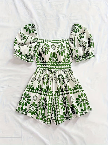 Women's jumpsuit with puff sleeves and vintage floral pattern – elegant one-piece for summer and leisure