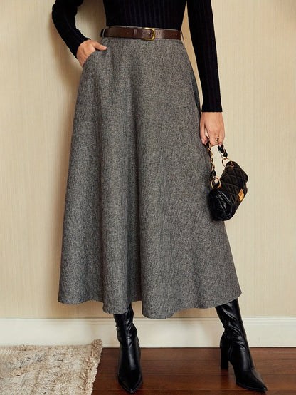 Women's gray A-line midi skirt with a flared hem