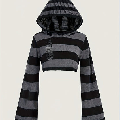 Gestreiftes Crop Top Hoodie mit Kapuze und weiten Ärmeln