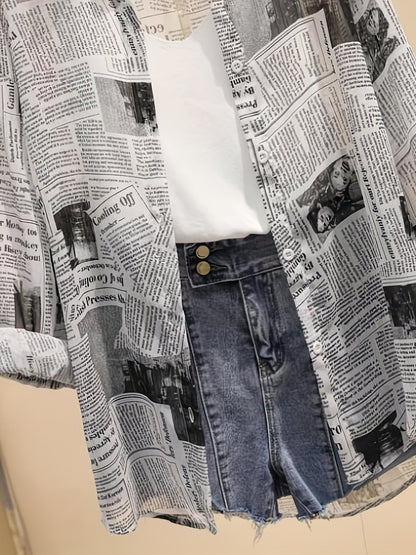 Women's blouse with newspaper print and shorts – fashionable set for leisure and everyday wear