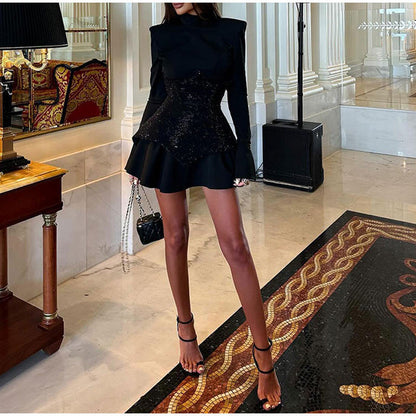 Tara – Sequin Black Mock-Neck Dress with Padded Shoulders