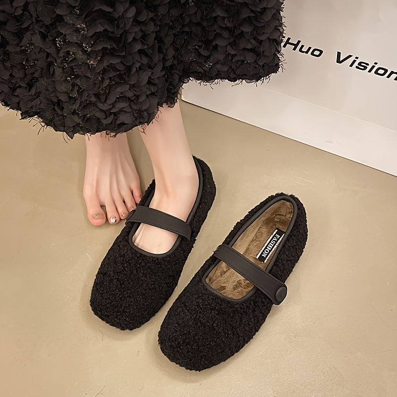 Women's Mary Jane plush-look ballet flats with strap – black, khaki, brown