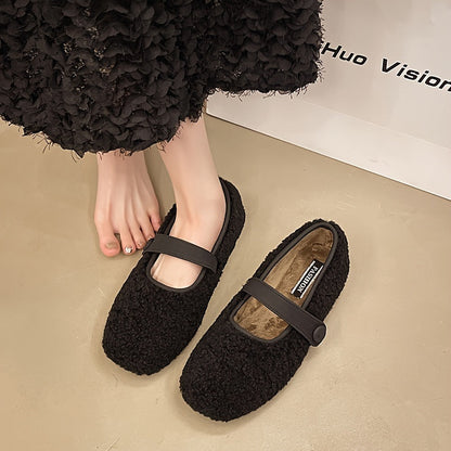 Women's Mary Jane plush-look ballet flats with strap – black, khaki, brown