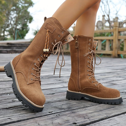 Damen Schnürstiefel Stiefeletten Hellbraun Mittelhoch Profillaufsohle
